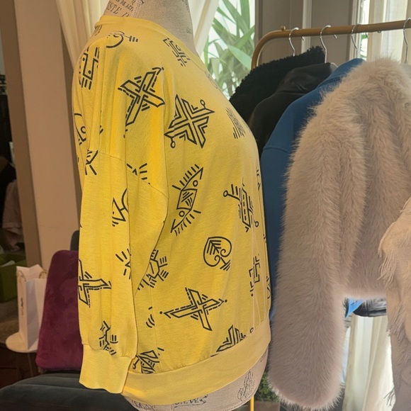 Yellow Black Graphic Vintage 3/4 Length Sleeve Sweater 80s 90s Retro Top Medium - Picture 2 of 5